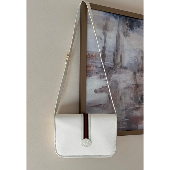 Authentic Vintage Gucci Web White Monogram Canvas Leather Flap Messenger Bag - Picture 12 of 12